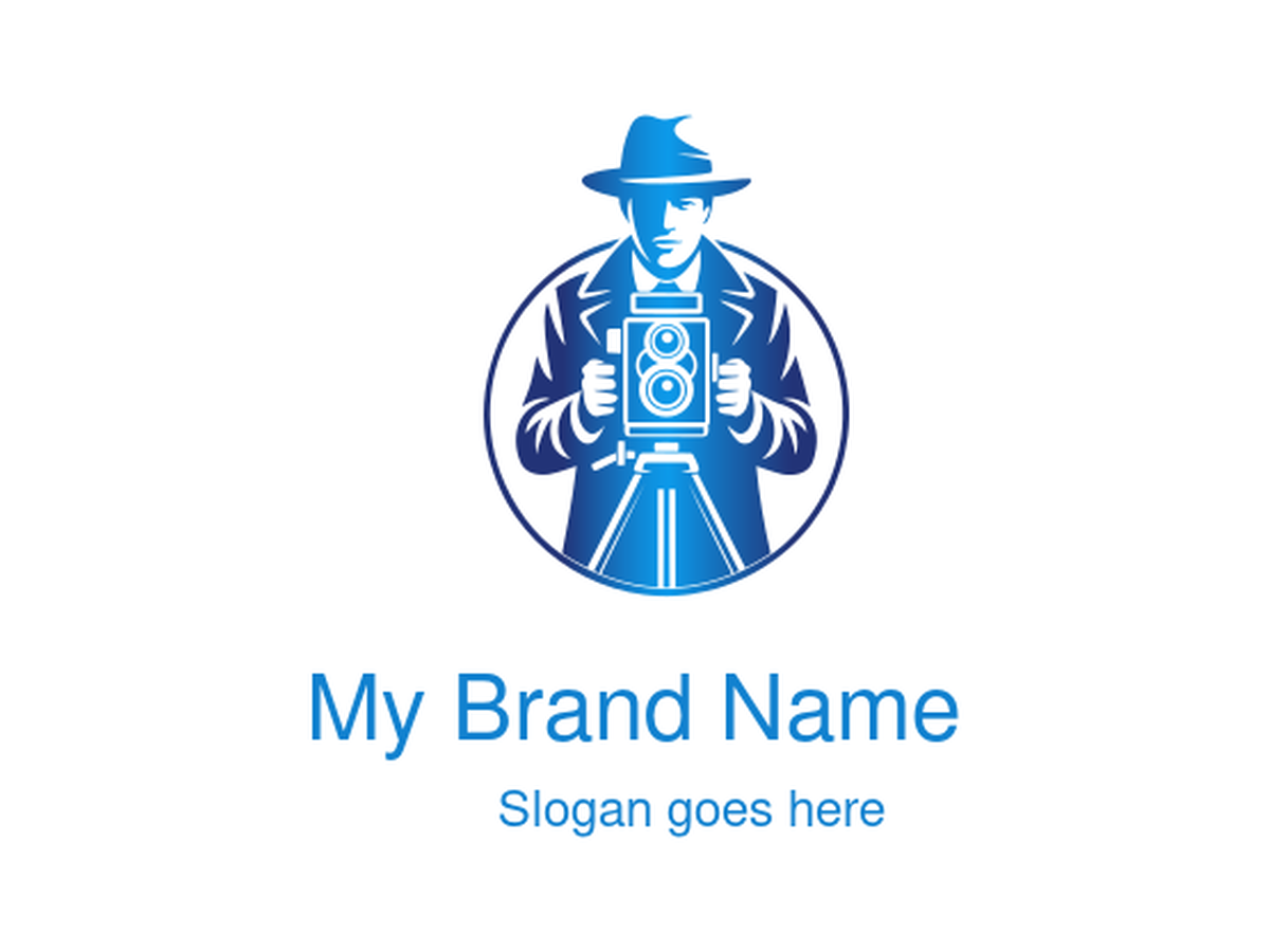 Blue Vintage Photographer in Hat and Coat Logo Design for Classic Photography and Journalism Brands